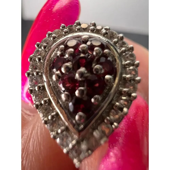 Red garnet and white topaz teardrop sterling silver post earrings - Picture 4 of 8